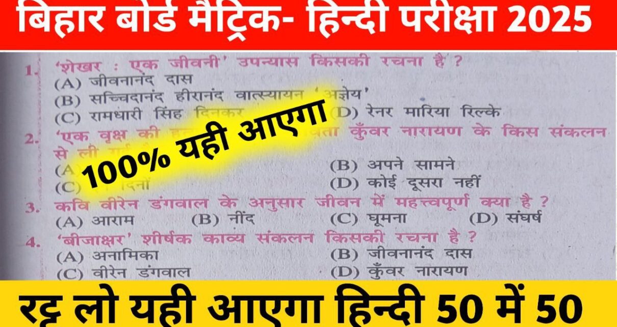 Bihar Board Class 10th most important Hindi vvi objective question 2025