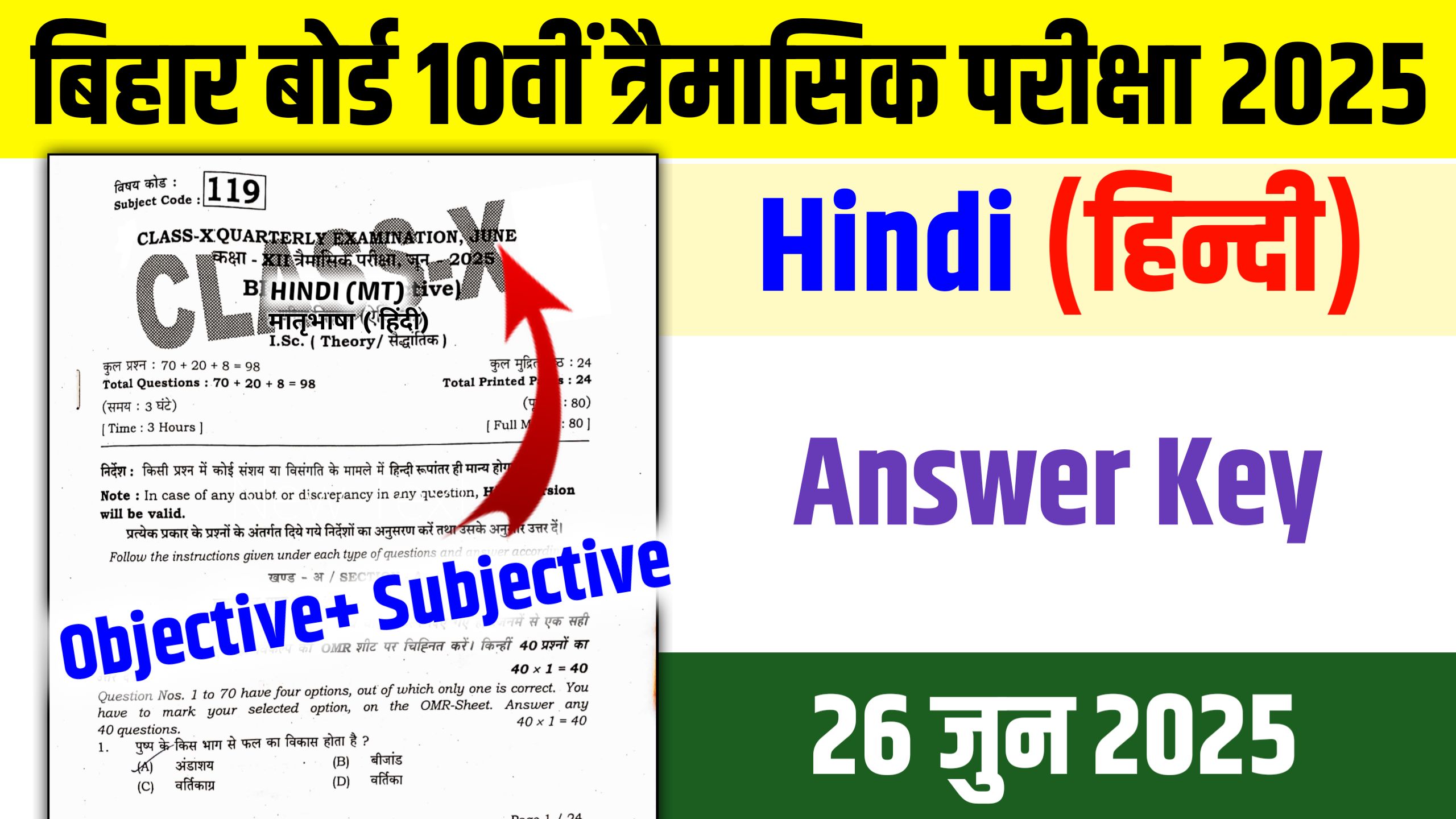 Bihar Board 10th Hindi Quarterly Exam Question Answer 2025: