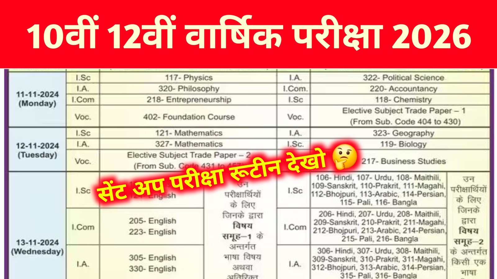 Matric inter Sent UP Exam Time Table Download 2026: