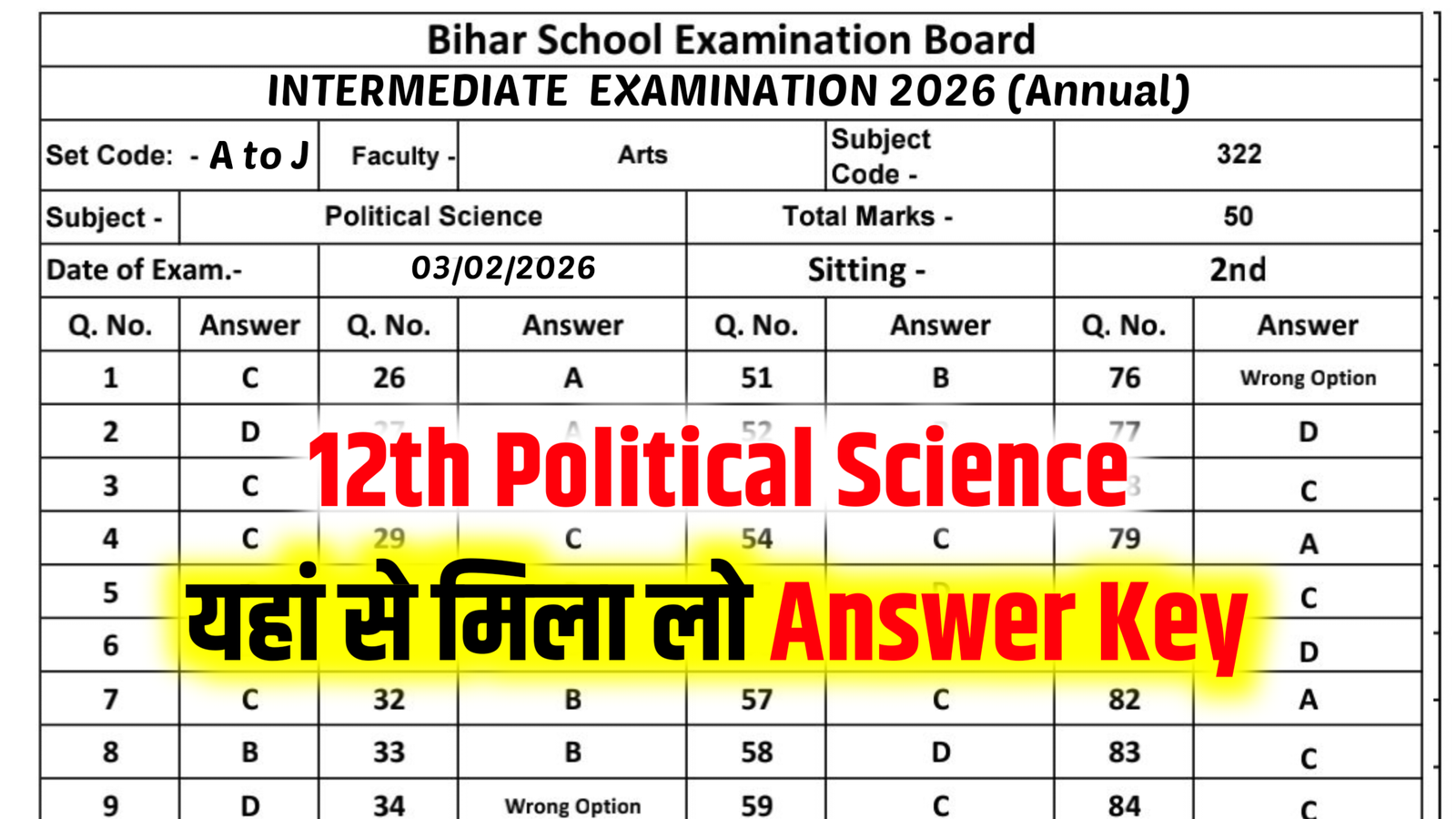3 February Political Science Answer Key 2026, Bihar Board 12th Political Science Answer Key 2026, 12th Political Science 3 February Answer Key 2026, 3 February 12th  Political Science Answer Key 2026, 12th Political Science Objective Answer Key 2026 12th Political Science Answer Key Set Code A, 12th Political Science Answer Key Set Code B, 12th Political Science Answer Key Set Code C, 12th Political Science Answer Key Set Code D, 12th Political Science Answer Key Set Code E , 12th Political Science Answer Key Set Code F, 12th Political Science Answer Key Set Code G, 12th Political Science Answer Key Set Code H, 12th Political Science Answer Key Set Code I, 12th Political Science Answer Key Set Code J,